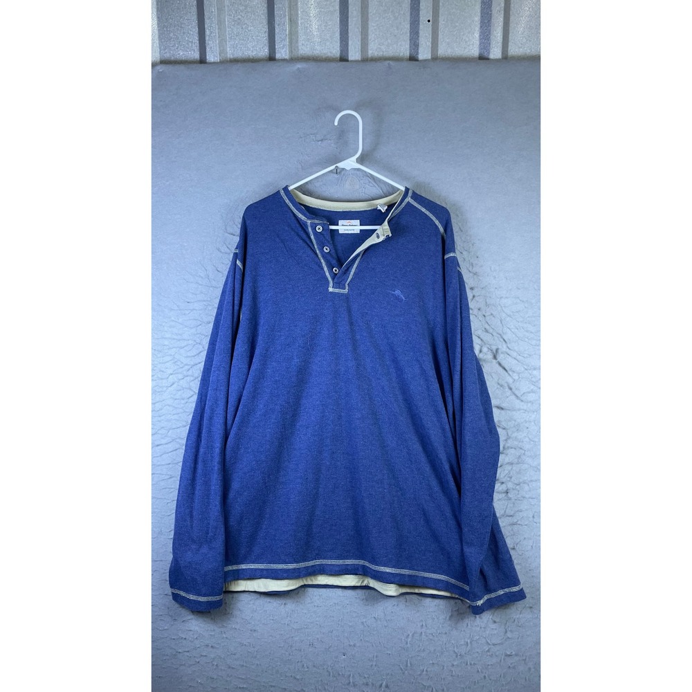 Tommy Bahama Henley Mens XL Blue Excellent Long Sleeve Waffle Pima Cotton Blend